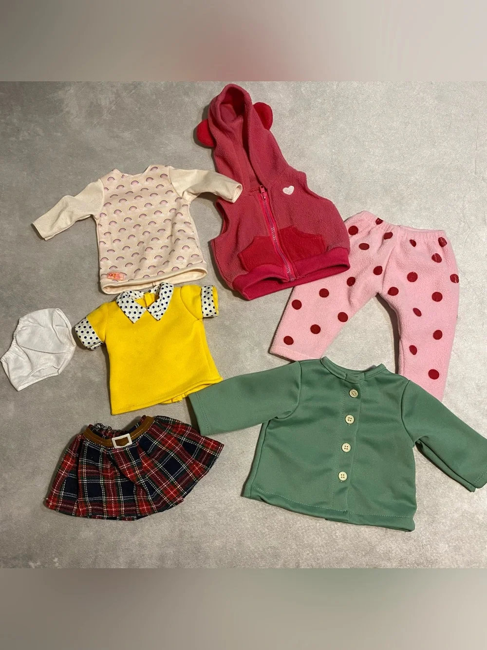 18” Doll Clothes Lot Skirt Vest Schoolgirl Skirt Butter Yellow Shirt Panty Pants